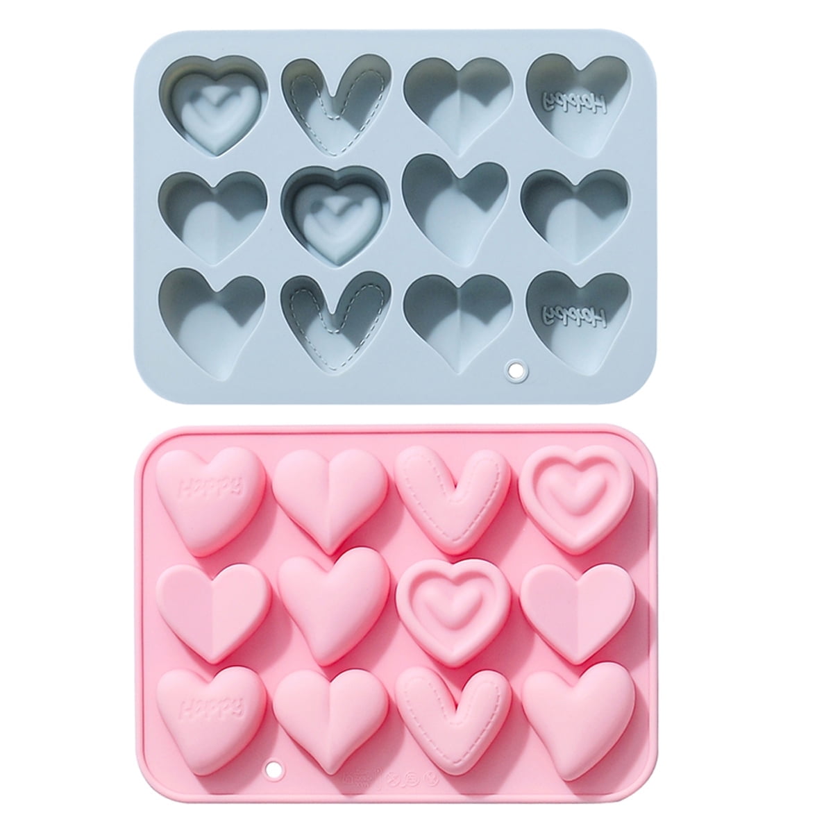 Unique Heart Shaped Candy and Chocolate Silicone Molds Kits, 24 Wells, Non-stick Mould for Cupcake Topper, Ice Cube, Jelly and Cake Decoration, Blue and Pink, 2 Count